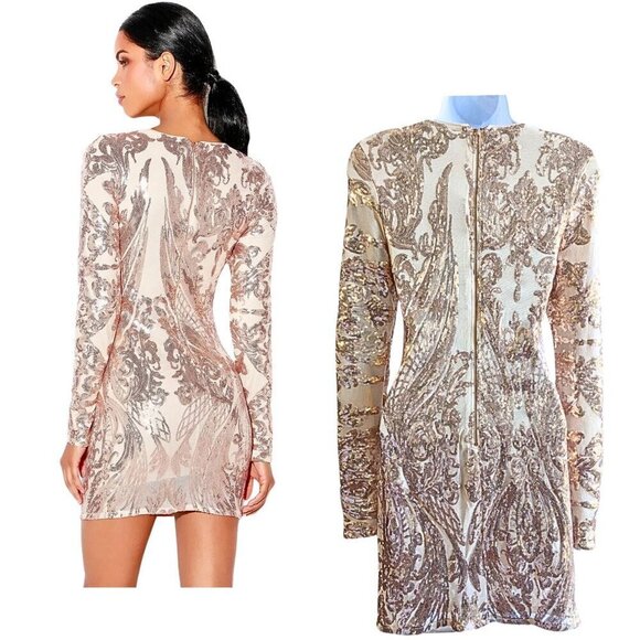 LULUS Mirasol Rose Gold Sequin Long Sleeve Bodycon Mini Dress Size XS - Picture 7 of 9